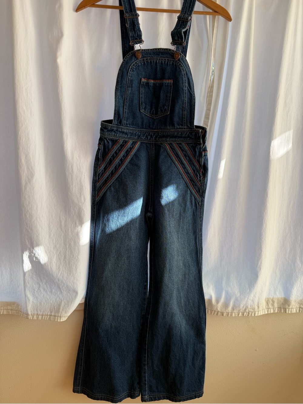 Dark Wash Denim Overalls with Rainbow Trim - Picture 1 of 6